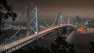 Long exposure of the Bay Bridge from the top of Yerba Buena island, looking west toward San Francisco.