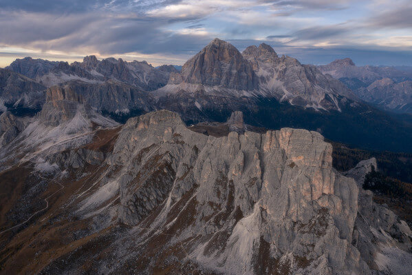 Aerial view of Ra Gusela and other prominent mountains such as Nuvelau, Tofana di Rozes, Lagazuoi, Cinque Torri...