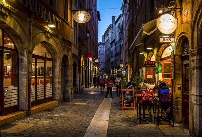 St-Jean street in the Old Lyon by night at the level of the square of Neuve - St-Jean.