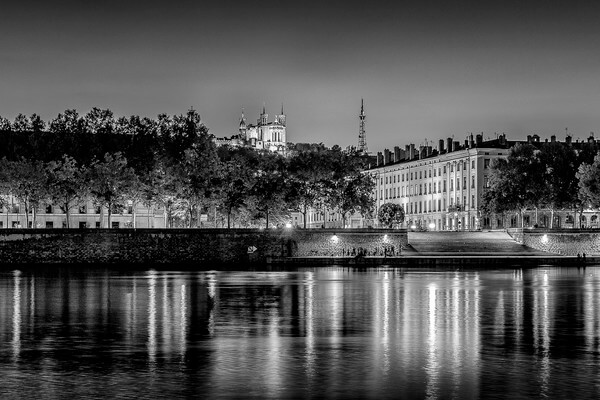 Antonin Poncet square and basilica of Fourviere view from the Karen Blixen bank along the Rhone at Lyon.