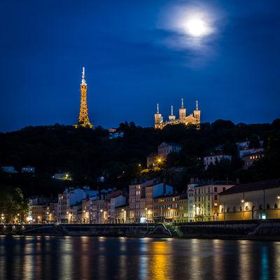 Blue Hour on the Fourviere Basilica (and the moon !!!)  at Lyon view from the bank of the Saone towards the Subsistances district.
