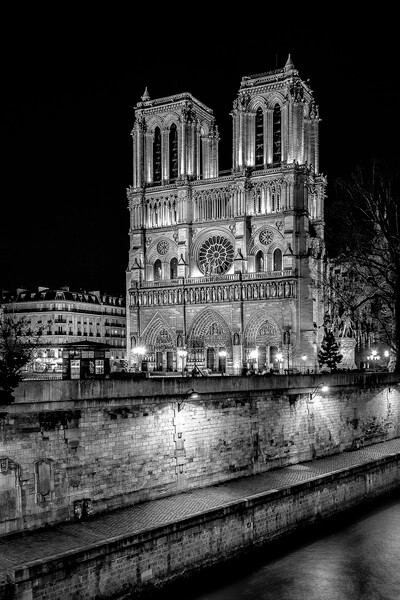 Cathedral Notre Dame of Paris seen from the Petit Pont during the the night in B/W. In the foreground, we can see the Seine and the Promenade Maurice-Carême