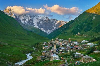 A view on towers of Ushguli, small Georgian village at the foot of Shkhara summit