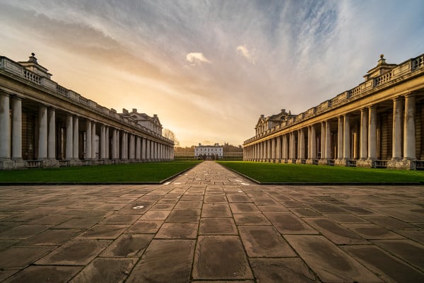 A view from further along the courtyard, showing symmetry of the pillars each side along with a nice sunrise