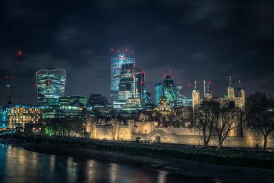 View from the bridge across to the Tower of London with the City behind.