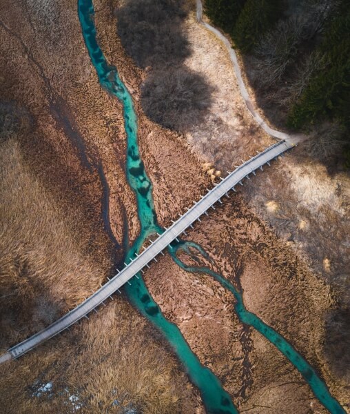 Aerial photo of the bridge over Zelenci