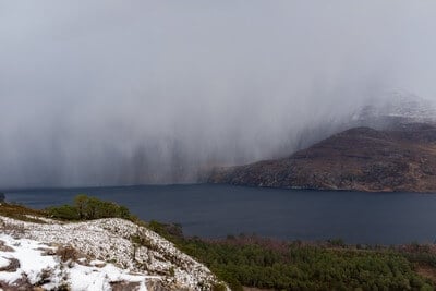 A hailstorm Over Loch Maree, from just above the tree-level on the Beinn Eighe Woodland Trail