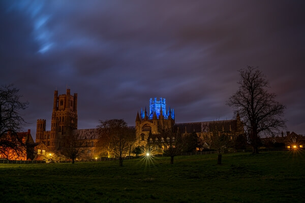 The cathedral tower is often illuminated in support of various charities. This shot is from April 2020 when it's lit blue for the National Health Service who are busy dealing with the Coronavirus.