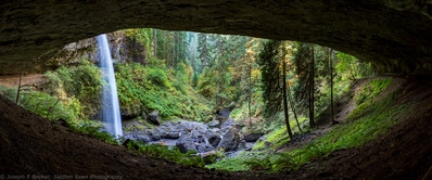 Composite panorama from alcove behind falls