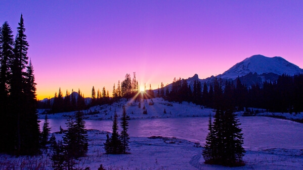 Winter sunset at Lower Tipsoo. I shot this with a cooler white balance to pull out the pinks and purples.