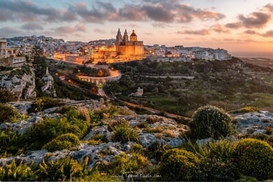 The picturesque town of Mellieħa with the Mellieħa Parish Church in the Northern region of Malta.
