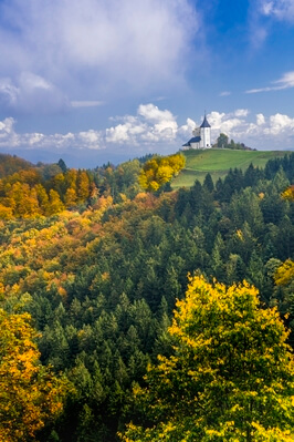 Another view of the Jamnik Church with fall foliage color.