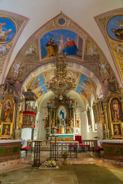 Interior architecture of the St. Leonard Parish Church in Kropa.