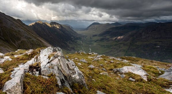 Panoramic view from Coire an t-Sidheim looking down the Glen Coe Pass.