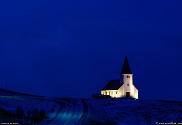 The town of Vik has a beautiful church built on a small hill. Millions of photographs of the church have been taken from various spots around the town.