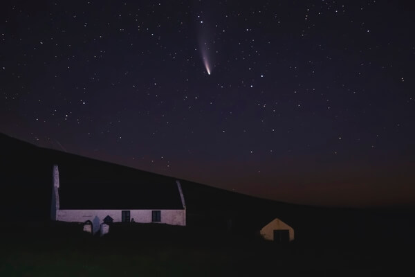 Comet Neowise above Mwnt Church.  The Church of the Holy Cross (Welsh: Eglwys y Crog)