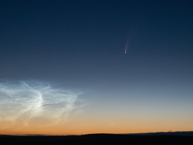 comet NEOWISE and noctilucent clouds from Roos Tor