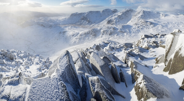 Fantastic winter scenes from the summit of Bowfell looking towards England's highest, Scafell Pike.