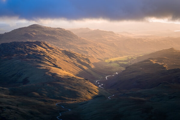 A sunset didn't quite happen on Bowfell but the Esk Valley below was bathed in glorious, autumn, changeable light.