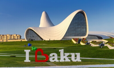 A nice daytime view of the Heydar Aliyev Centre in Baku.