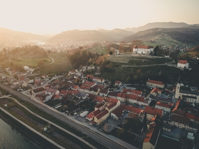 Drone shot of Sevnica Castle during sunset in the quarantine