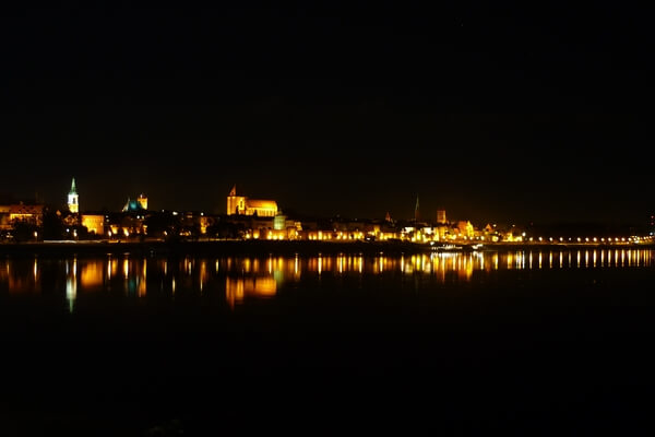 Torun old city panoramic view at night.