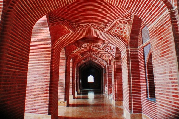 The Shah Jahan Mosque, also known as the Jamia Masjid of Thatta, is a 17th-century building that serves as the central mosque for the city of Thatta, in the Pakistani province of Sindh. The mosque is considered to have the most elaborate display of tile work in South Asia, and is also notable for its geometric brick work - a decorative element that is unusual for Mughal-period mosques. It was built during the reign of Mughal emperor Shah Jahan, who bestowed it to the city as a token of gratitude, and is heavily influenced by Central Asian architecture - a reflection of Shah Jahan's campaigns near Samarkand shortly before the mosque was designed.