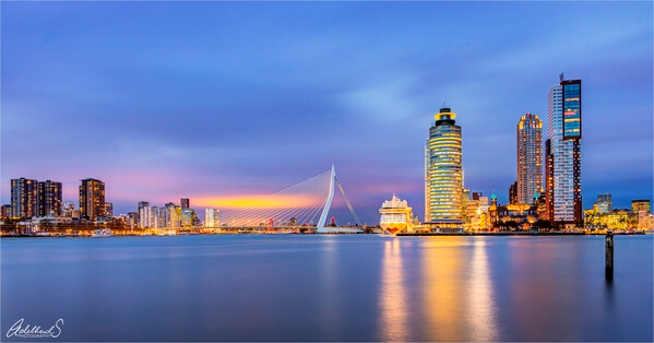 Blue Hour of the Erasmus Bridge and Kop van Zuid, Rotterdam