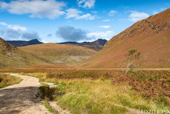 The trail through Glen Rosa with Goat Fell in the background.