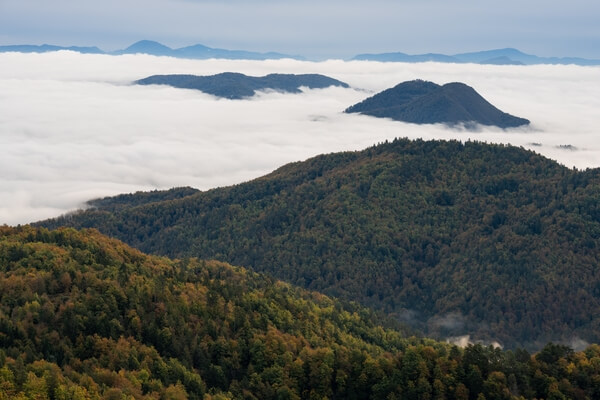Views towards Šmarna gora and Rašica hills (sticking out of fog)