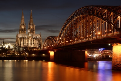 Cologne Cathredal at the River Rhine with the Hohenzollernbrücke (railway bridge)