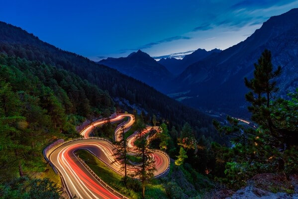Road to Maloja pass on a summer evening
