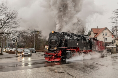 The Harz mountain railway as it crosses Salzburg Strasse opposite Ilesenburger Strasser. This is an iconic railway shot, the location of which is a short walk from the Rat Haus