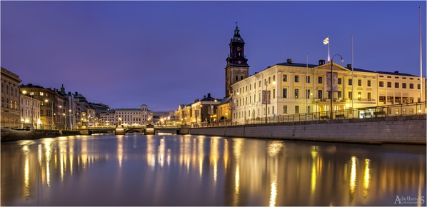 A blue hour view of central Gothenburg.
