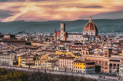 Piazza Michelangelo is on a hill on the south bank of the Arno River, just east of the center of Florence, and offers a stunning view of the city