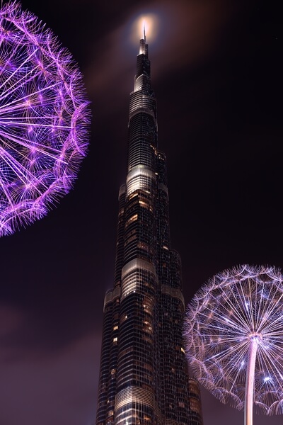 Burj Khalifa view between fibre optic structures from the Burj park