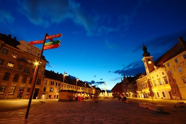 Main Square (Maribor) during blue hour with christmas decoration in January.