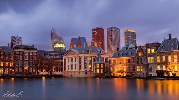 Skyline of the Hague with Mauritshuis museum and prime ministers office