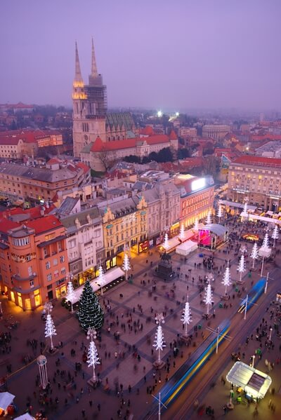 View on decorated Josip Jelacic square from Zagreb 360 observation deck on Neboder (entrance fee)