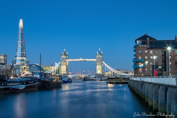 View of The Shard & Tower Bridge before sunrise