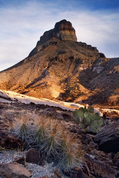 Late afternoon is a good time to photograph Cerro Castellan, a volcanic vent in Big Bend National Park on the Texas/Mexico border. A handy cactus in the foreground provides great context. Just to the north of the Vent is a tufa canyon which provides for great photo opportunities
