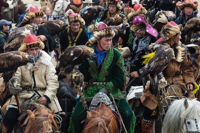 Kazakh Eagle Hunters meet for the opening ceremony for the annual Eagle Festival