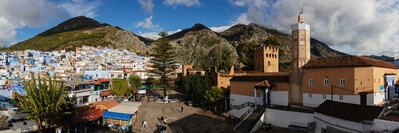 Panoramic image of the Grand Mosquee and the Kasbah in the center of Chefchaouen