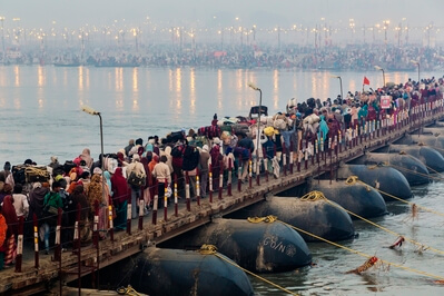 Pilgrims Crossing Pontoon Bridge Across Yamuna River Heading for the Sangam