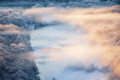 Hoar frost on the landscape looking down at Otowa Bridge