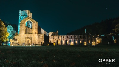 Fountains abbey seen at night.