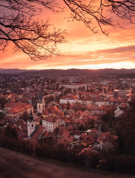 Sunset above Ljubljana from castle hill viewpoint