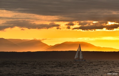 Lone sailboat at sunset.
