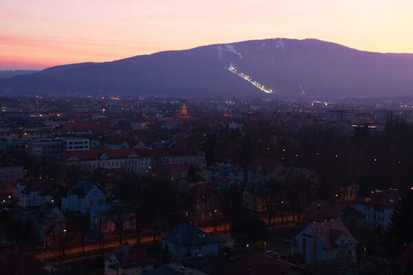 Maribor and Pohorje: view from Piramida at sunset