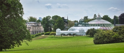 Royal greenhouses alongside the Royal palace (living quarters) as seen from the Royal Gardens